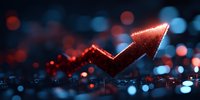 Glowing red arrow chart rising upward against dark background with blue bokeh lights, representing financial growth and market success in business analytics.