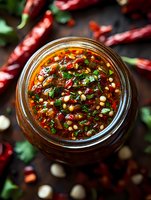 Homemade spicy chili oil with red pepper flakes and herbs in glass jar, surrounded by fresh red chilies on dark wooden surface for cooking recipes.