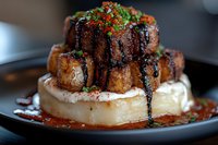 Grilled pork belly bites stacked on creamy mashed potatoes, drizzled with dark balsamic reduction and garnished with fresh chopped herbs and spices on black plate.