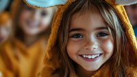 Young Caucasian girl with bright blue eyes and genuine smile wearing yellow hooded costume, close-up portrait in warm lighting showing pure joy and happiness.