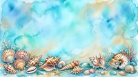 Watercolor seashells and coral border on turquoise blue background. Marine life collection with shells, starfish and sea creatures for coastal decor projects.