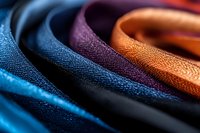 Colorful fabric swatches in blue, purple and orange tones arranged in curved layers showing detailed textile texture and weave patterns in macro photography.