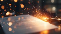 Glowing light bulb with magical sparks and bokeh effects on dark background creates atmospheric mood for creative writing and storytelling concepts.