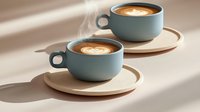 Two mint blue ceramic cups with heart latte art on wooden saucers casting diagonal shadows, steam rising in soft morning light. Minimalist coffee composition.