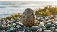 Carved wooden owl sculpture sitting among smooth beach stones with ocean waves and golden sunset light creating peaceful coastal meditation scene.