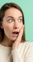 Young woman with brown hair and fair complexion expressing shock or surprise with wide eyes and open mouth, hand touching face against mint green background.
