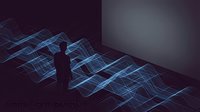 Silhouette of male figure standing in digital environment with glowing blue wave patterns and grid lines on floor, representing data visualization, technology, and digital transformation concepts for web design and tech presentations.