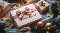 Elegant gift box with rose gold bow and Ramadan greeting card surrounded by festive decorations, golden stars and glowing lights on dark fabric background.