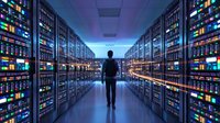 Business professional in modern data center with illuminated server racks and colorful LED lights creating futuristic technology atmosphere for computing solutions.