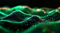 Glowing green particle wave formation with bokeh effect on dark background creates futuristic digital landscape visualization for technology concepts.