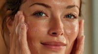 Young woman applying facial cleanser with gentle massage motions during morning skincare routine. Fresh dewy skin with natural glow and hydrating treatment.