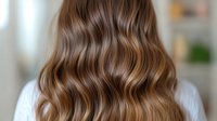Long wavy brown hair with natural highlights and soft texture shown from behind, demonstrating professional hairstyling and healthy hair care results.