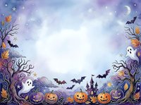 Halloween spooky frame with pumpkins ghosts bats and haunted castle on purple starry night sky background for seasonal greeting cards and party invitations.