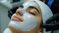 Young Asian woman receiving professional facial treatment with white cream mask at spa salon while aesthetician wearing black gloves applies skincare product.