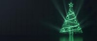 Glowing green neon Christmas tree with bright star on top against dark background with light rays for holiday designs and festive decorations.
