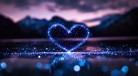 Glowing blue heart shape formed by magical sparkles floating over reflective water surface against purple sunset sky and mountain silhouettes. Romantic fantasy scene.