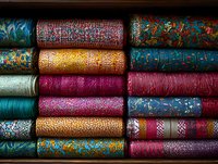 Colorful textile rolls stacked in rows displaying vibrant patterns and textures for fashion design, crafting, and interior decoration projects.