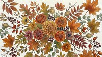 Autumn floral arrangement with roses, dahlias, berries, and fall leaves in warm orange, red, and brown tones on a light background.