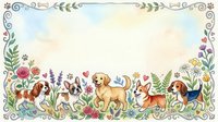 Watercolor frame with cute cartoon dogs and colorful flowers, decorative border with copy space for greeting cards, invitations, and pet-themed designs.