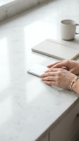 Woman's hands with bracelet resting on white marble countertop with smartphone, notebook and mug in minimal workspace setting.