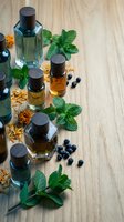 Essential oils bottles with fresh mint leaves and dried herbs on wooden background for aromatherapy wellness spa natural skincare cosmetics holistic healing.