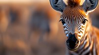 Young zebra foal portrait with distinctive black and white stripes looking directly at camera during golden hour safari wildlife photography.