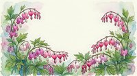 Watercolor bleeding heart flowers framing a soft cream background, pink and white blooms with green foliage, gentle botanical art with copy space.