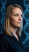 Caucasian woman with shoulder-length brown hair wearing dark blazer against blue DNA helix background, suitable for science, biotechnology, genetics research, and professional healthcare concepts.
