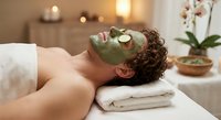 Young woman with curly hair relaxing during green clay facial mask treatment at luxury spa with cucumber slices on eyes and candles in background.