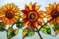 Vibrant stained glass sunflowers with rich orange and yellow petals, brown centers, and green leaves create an artistic botanical design perfect for decoration and craft projects.