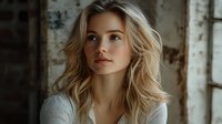 Young blonde woman with wavy hair and natural makeup gazing thoughtfully against rustic industrial background. Soft portrait lighting creates intimate mood.