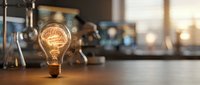 Glowing vintage light bulb with visible filament on wooden surface in modern kitchen interior with warm ambient lighting and blurred background appliances.