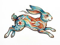 Leaping rabbit decorated with traditional Asian folk art patterns, floral motifs, and swirling waves in teal and gold, isolated on transparent background, for t-shirts, stickers, sublimation.