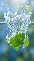 Fresh mint leaves splashing into clear water creating dynamic crown splash with bubbles against soft bokeh background for refreshing beverage concepts.
