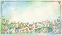 Whimsical woodland creatures and flora border frame with watercolor wash background, isolated on white for design projects, invitations, and decorative layouts.