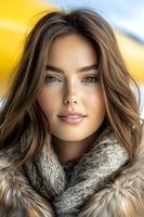Young Caucasian woman with freckles and natural makeup wearing knitted scarf and fur coat smiling at camera against yellow background, close up portrait.