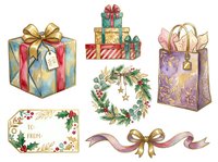 Festive gift boxes, shopping bag, wreath, and ribbon bows isolated on white background. Ready for holiday greeting cards, packaging design, and seasonal marketing materials.