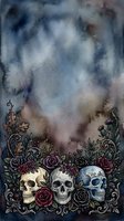 Watercolor illustration featuring three skulls surrounded by ornate floral elements and roses against a moody, atmospheric background. Suitable for gothic artwork, merchandise design, and dark fantasy projects.