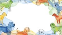 Colorful cartoon dogs border frame with white center space for text or design elements. Playful pet illustration for greeting cards and children projects.