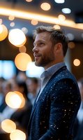 Caucasian businessman in sparkly blue blazer against blurred bokeh lights background, profile view showing confident expression and neat beard.