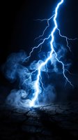 Powerful lightning bolt striking cracked ground with dramatic blue electrical energy and smoke effects against dark sky for weather and storm concepts.