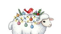 Adorable white sheep decorated with Christmas lights, ornaments and festive holly with red cardinal bird perched on top for holiday greeting cards.