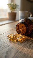 Amber glass bottle spilling golden vitamin capsules on wooden table with soft morning light and blurred home interior background for wellness concepts.