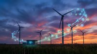 Smart wind turbines with digital network connections at sunset showcasing renewable energy technology and sustainable power generation for future grid systems.