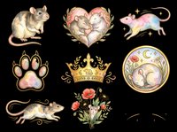 Cute mice and rats with floral crowns, hearts, paw prints, golden crown, and flower bouquet isolated on transparent background. Ready for t-shirt design, stickers, clipart, sublimation, and print-on-demand products.