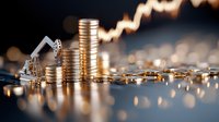 Stacks of gold coins with oil pump jack silhouette against rising market chart background, symbolizing petroleum industry profits and energy market investments.
