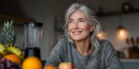 Mature Caucasian woman with gray hair smiling in modern kitchen with fresh fruits and blender, healthy lifestyle and nutrition concept for seniors.