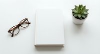 Minimalist workspace with blank notebook, eyeglasses and succulent plant on white desk. Clean office setup for productivity and planning.