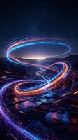 Futuristic light trails spiral through starry night sky creating luminous energy streams over mountain landscape with glowing particles and cosmic atmosphere.
