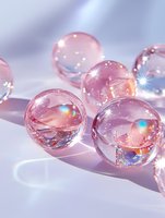 Translucent pink glass marbles with light reflections and sparkles on white surface, creating magical ethereal atmosphere with soft shadows and glowing highlights.